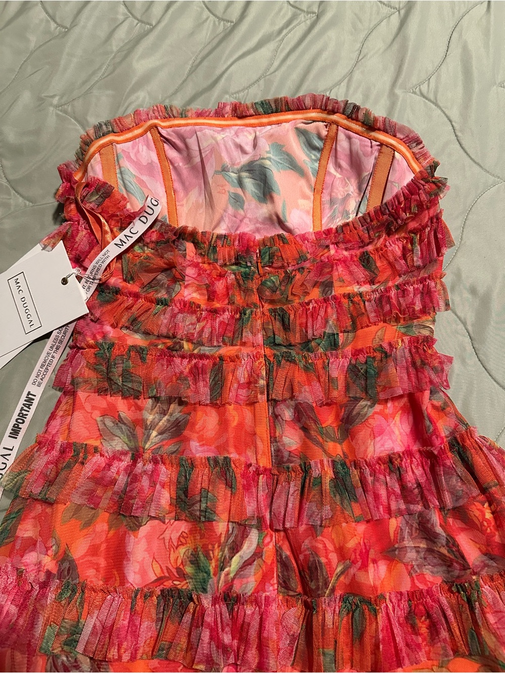 Mac Duggal Strapless Floral Tiered Ruffle Maxi Dress in Coral and Pink - Picture 8 of 16